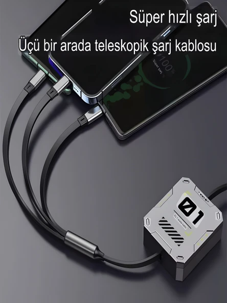100W 3A Çoklu Hızlı Şarj Kablosu 3in1 Lightning Type-C Micro USB, 1.2M Çoklayıcı Alüminyum - Resim 5