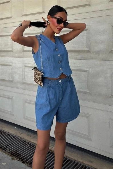 Gümüş Düğmeli Yelek Ve Şort Tensel Takım 10174 - Resim 3