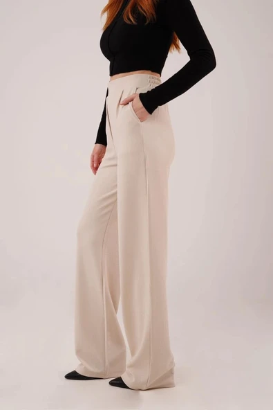 Yüksek Bel Bol Paça Krep Krem Pantolon - Resim 4