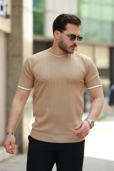 Erkek Bisiklet Yaka çizgi Desenli Ribanalı Kısa Kollu Tshirt ürün görseli