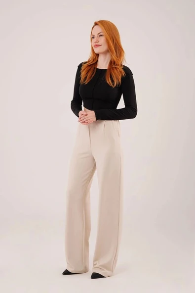 Yüksek Bel Bol Paça Krep Krem Pantolon - Resim 3