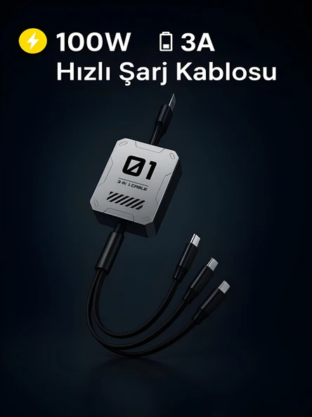 100W 3A Çoklu Hızlı Şarj Kablosu 3in1 Lightning Type-C Micro USB, 1.2M Çoklayıcı Alüminyum - Resim 2