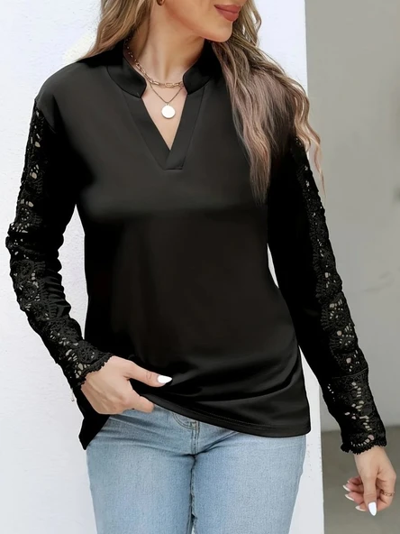 Lucky Life Kadın Uzun Kollu Hakim Yaka Kolları Dantel Detaylı Ithal Krep Bluz - Resim 3