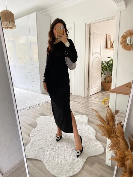 Kadın Uzun Kollu Bisiklet Yaka Belden çapraz Bağlamalı Yandan Yırtmaçlı Uzun Viskon Iki Iplik Elbise - Resim 3