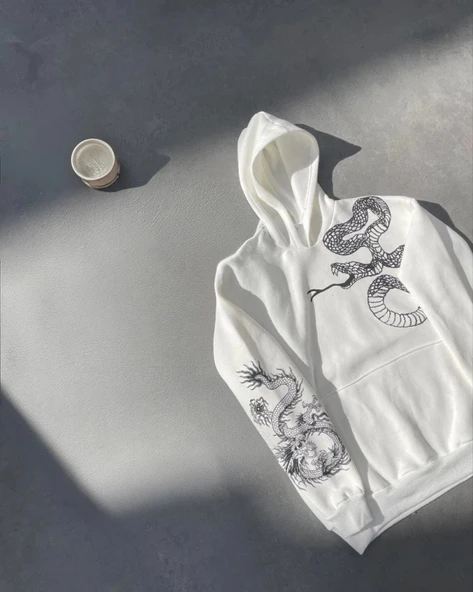 Uzun Kol Kapşonlu Baskılı weathirt  Beyaz - Resim 2