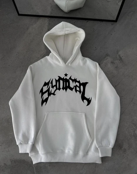 Kışlık Kapşonlu Baskılı Oversize weathirt Beyaz - Resim 2