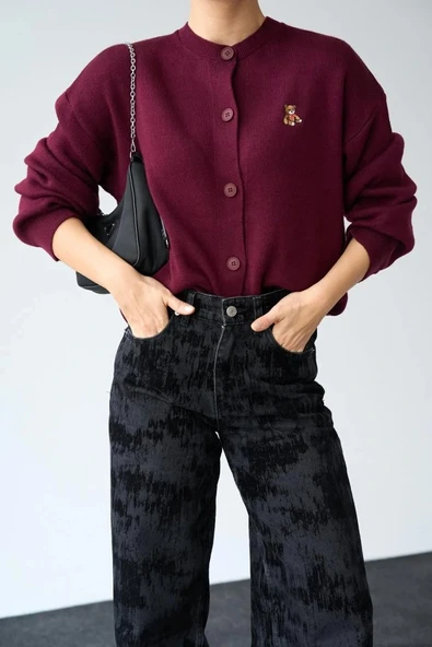 Ayıcıklı Hırka  Bordo - Resim 3