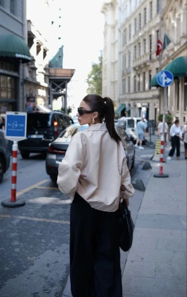 Fermuarlı Gömlek Yaka Bomber Ceket  Beyaz - Resim 3