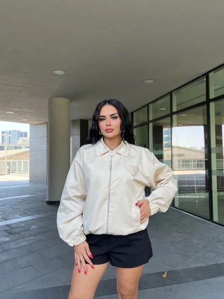 Fermuarlı Gömlek Yaka Bomber Ceket  Beyaz - Resim 4