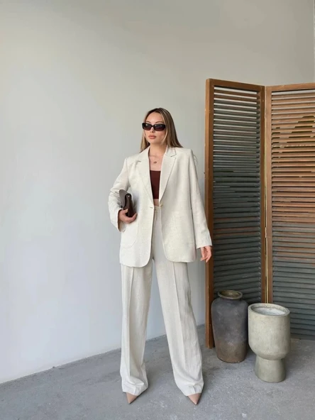 Keten Ceket Pantolon Ikili Takım  Beyaz - Resim 4