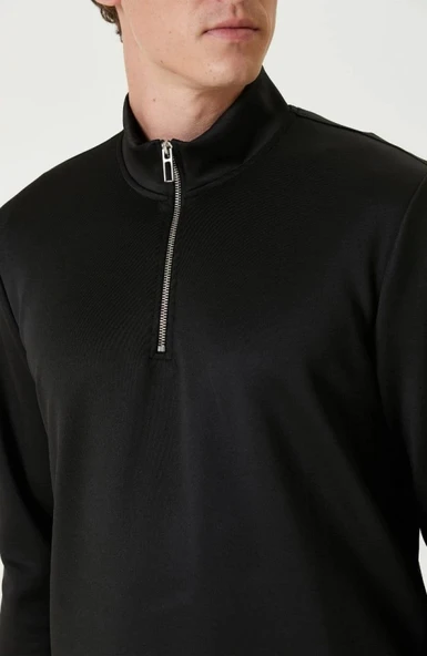 Unisex Uzun Kol Yarım Farmuarlı Yakalı Basic weathirt  iyah - Resim 2