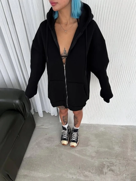 Oversize Tam Fermuarlı Uzun Kol Hırka  iyah ürün görseli