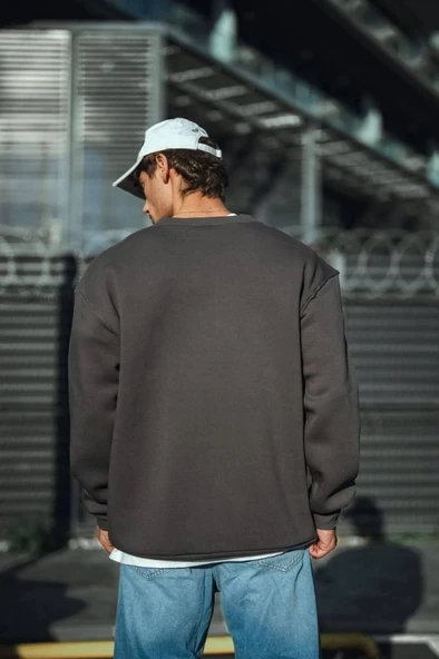 Kışlık Bisiklet Yaka Üç İplik Basic weathirt  Antrasit - Resim 2