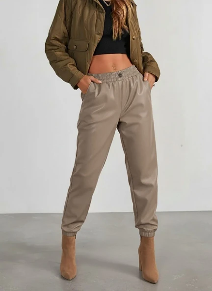 Lucky Life Kadın Yüksek Bel Lastikli önü Düğmeli Deri Pantolon ürün görseli 1