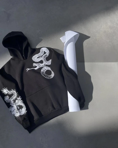 Uzun Kol Kapşonlu Baskılı weathirt  iyah - Resim 2