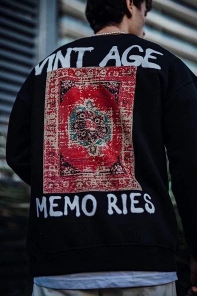 Oversize Bisiklet Yaka Üç İplik Baskılı weathirt  iyah - Resim 2