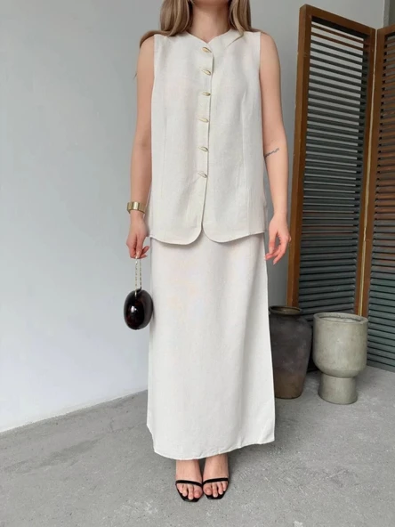 Keten Kolsuz Hırka Etek Ikili Takım Beyaz - Resim 3