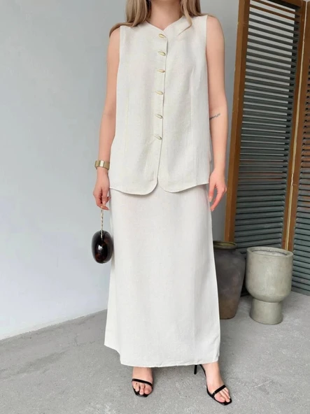 Keten Kolsuz Hırka Etek Ikili Takım Beyaz - Resim 4