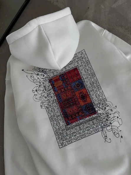 Uzun Kol Kapşonlu Ön Ve Arka Baskılı weathirt  Beyaz - Resim 4