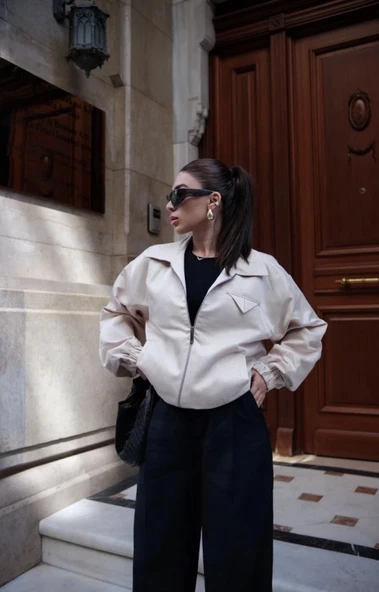 Fermuarlı Gömlek Yaka Bomber Ceket  Beyaz - Resim 2