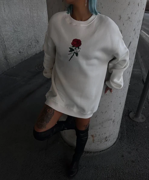 Oversize Üç İplik Bisiklet Yaka Baskılı weathirt  Beyaz - Resim 2