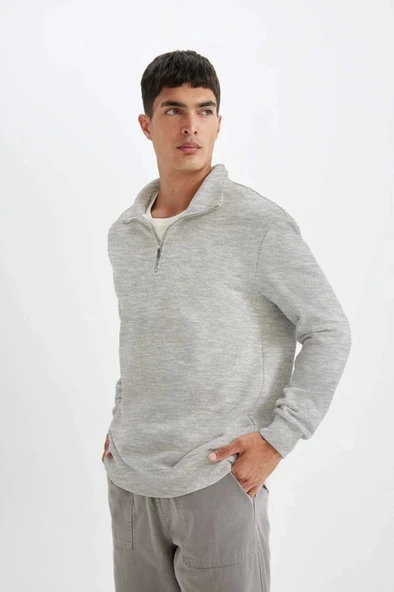 Unisex Uzun Kol Yarım Farmuarlı Yakalı Basic weathirt  Gri ürün görseli