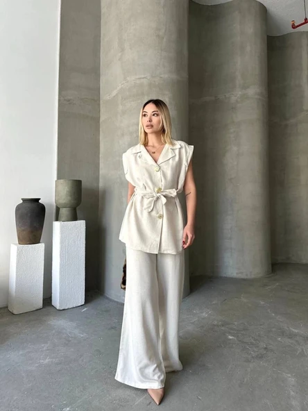 Keten ıfır Kol Kuşaklı Ceket Pantolon Ikili Takım  Beyaz - Resim 3