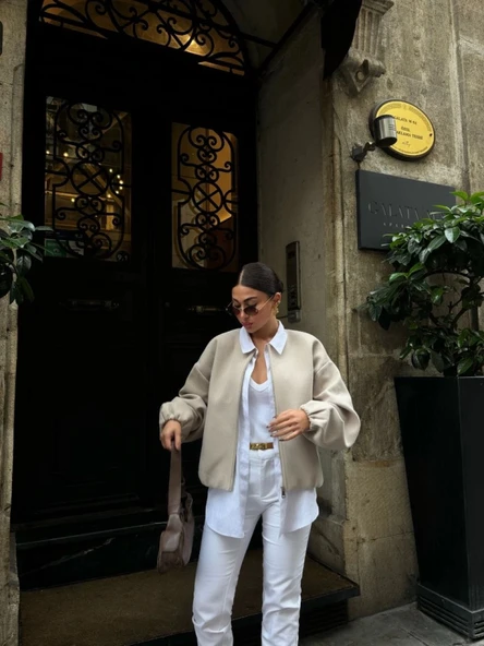 Kaşe Kaşmir Fermuarlı CEKET  Bej - Resim 3