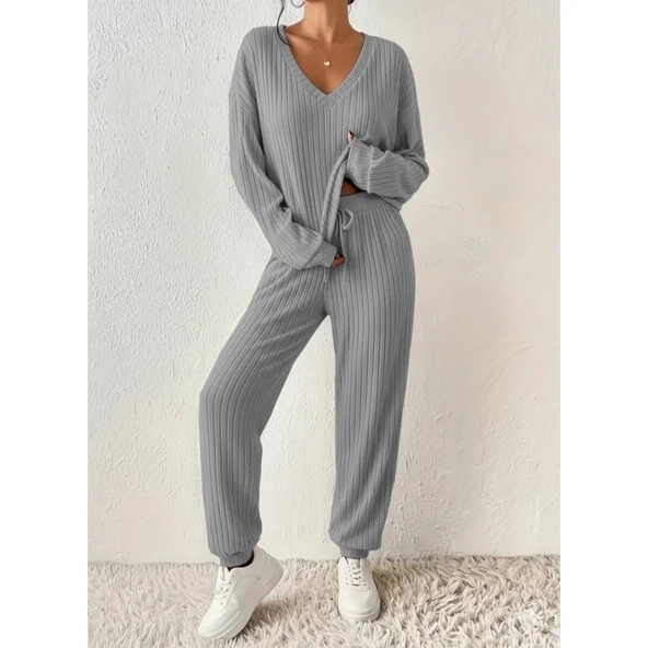 Lucky Life Kadın Uzun Kollu V Yakalı Kaşkorse Bluz Ve Pantolon Ikili Takım ürün görseli