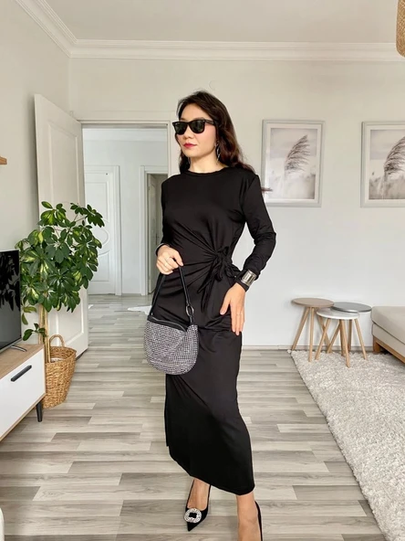 Kadın Uzun Kollu Bisiklet Yaka Belden çapraz Bağlamalı Yandan Yırtmaçlı Uzun Viskon Iki Iplik Elbise - Resim 2