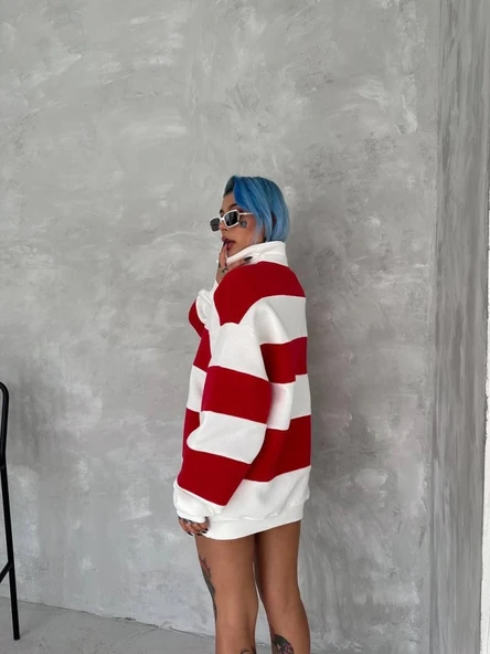 Unisex Üç İplik Parçalı Yakalı weathirt  Kırmızı - Resim 2