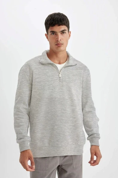 Unisex Uzun Kol Yarım Farmuarlı Yakalı Basic weathirt  Gri - Resim 2