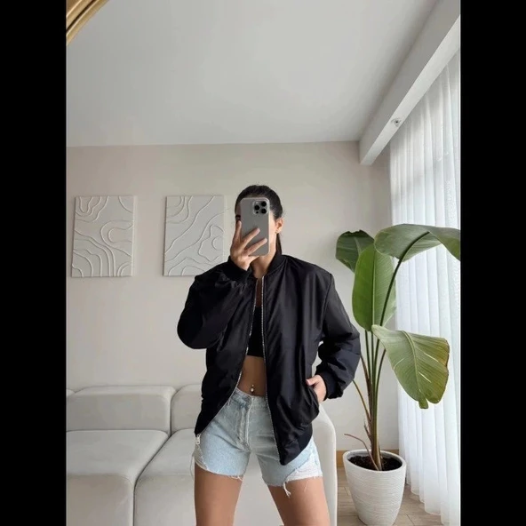 Unisex İçi Astarlı Düz Bomber Ceket  iyah - Resim 2