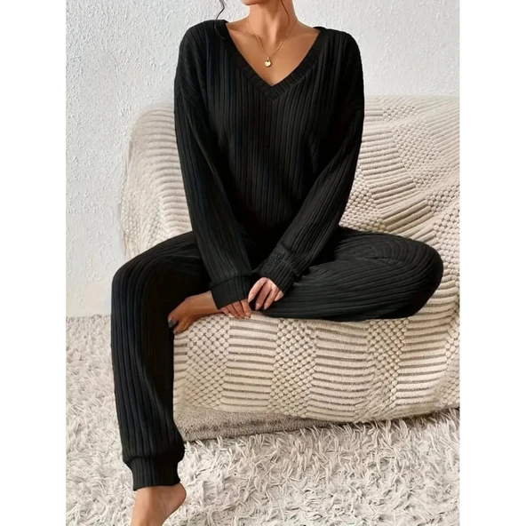 Lucky Life Kadın Uzun Kollu V Yakalı Kaşkorse Bluz Ve Pantolon Ikili Takım - Resim 2