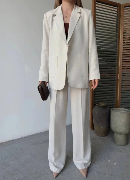 Keten Ceket Pantolon Ikili Takım  Beyaz - Resim 3