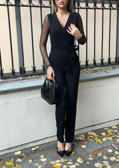 Krep Kumaş Kol Tül Puan Detaylı Kuşaklı Tulum 141 Cm - Resim 5