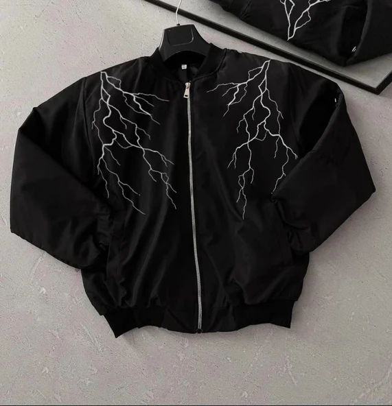 Yıldırım Baskılı Uzun Kol Bomber Ceket  iyah - Resim 2