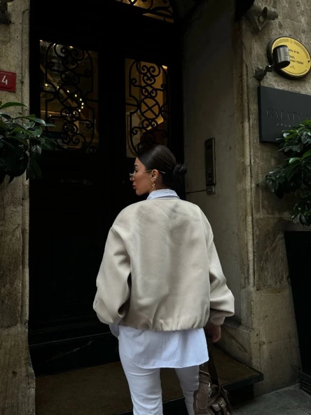 Kaşe Kaşmir Fermuarlı CEKET  Bej - Resim 4