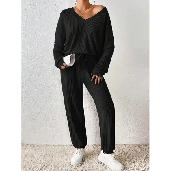 Lucky Life Kadın Uzun Kollu V Yakalı Kaşkorse Bluz Ve Pantolon Ikili Takım ürün görseli