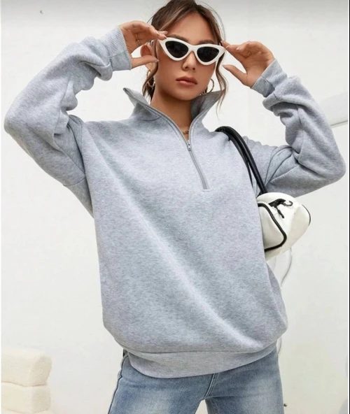 Unisex Uzun Kol Yarım Farmuarlı Yakalı Basic weathirt  Gri - Resim 2