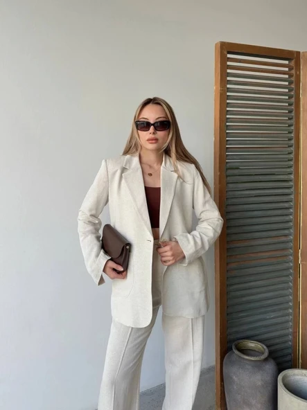 Keten Ceket Pantolon Ikili Takım  Beyaz ürün görseli