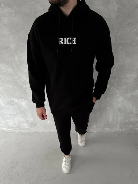 Uzun Kol Kapşonlu Göğüs Baskılı weathirt  iyah ürün görseli