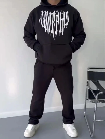 Uzun Kol Kapşonlu Baskılı weathirt  iyah - Resim 4