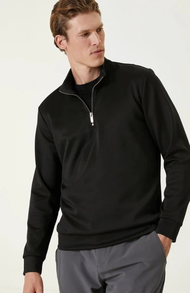 Unisex Uzun Kol Yarım Farmuarlı Yakalı Basic weathirt  iyah - Resim 3