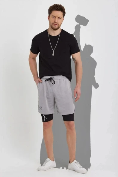 Unisex Baskılı İç Cepli porcu Alt Taytlı Şort  Gri - Resim 2