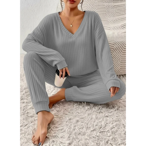 Lucky Life Kadın Uzun Kollu V Yakalı Kaşkorse Bluz Ve Pantolon Ikili Takım - Resim 2