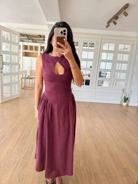 Kolsuz Uzun Kabardin Elbise  Bordo - Resim 2