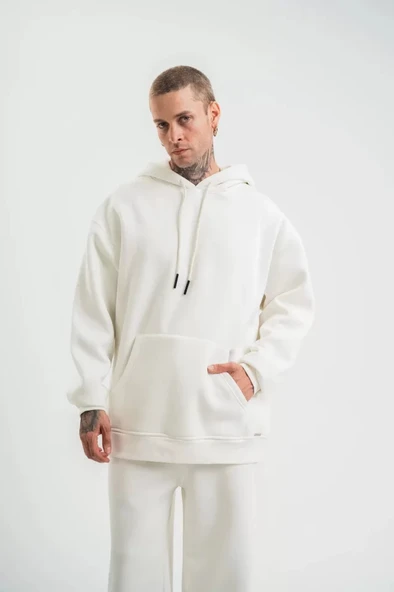 Unisex Double Oversize Kapşonlu Basic weathirt  Beyaz ürün görseli