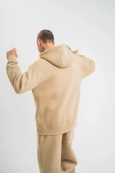 Unisex Double Oversize Kapşonlu Basic weathirt  Bej - Resim 4