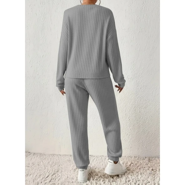 Lucky Life Kadın Uzun Kollu V Yakalı Kaşkorse Bluz Ve Pantolon Ikili Takım - Resim 3